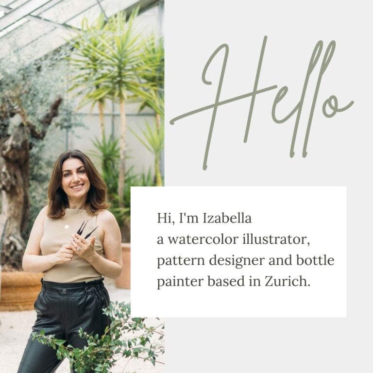 Zurich illustrator introducing her services of watercolor illustration, pattern design and live events
