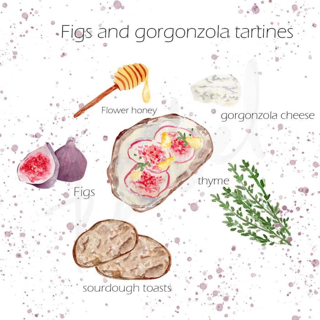 watercolor illustrated recipe of figs and gorgonzola