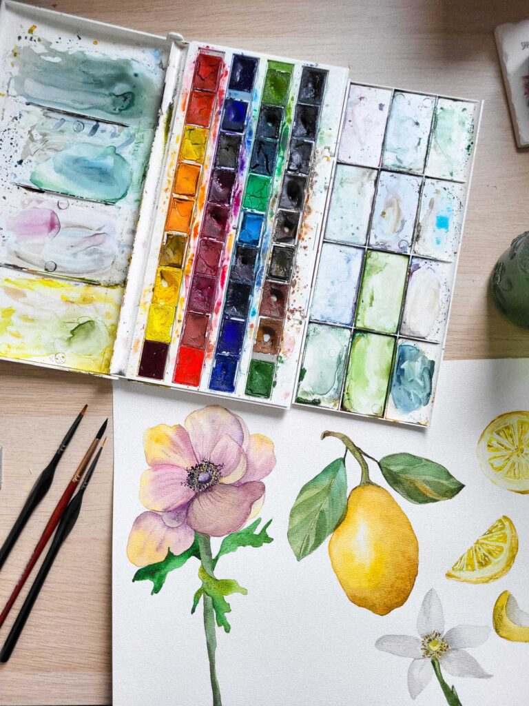 watercolor illustrations of lemon and flowers