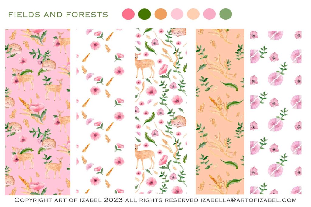 Watercolor patterns design with forest animals
