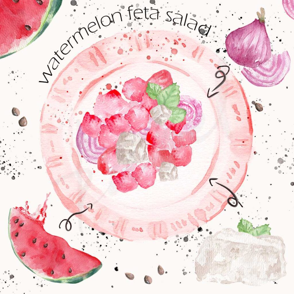 watercolor illustrated watermelon feta salad